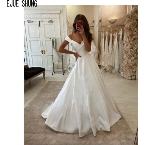 EJUE SHUNG Fashion White Wedding Dresses V Neck Zipper Back Simple A Line Bridal Dresses Formal Wedding Gowns robe de mariee