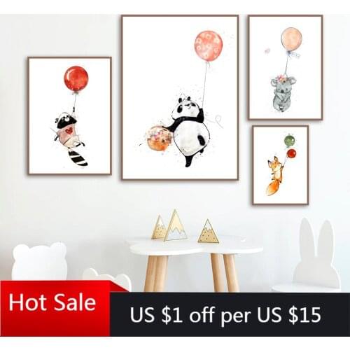 Balloon Flower Fox Panda Koala Raccoon Canvas Painting Posters Cartoon Animal Nordic Prints Wall Art Pictures Kids Room Decor