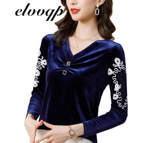 Sping Basic V-neck Velvet Slim T Shirt Women Plus Size Casual Long Sleeve Solid Color Embroidery Tops Clothes 3XL Shirts LU1801