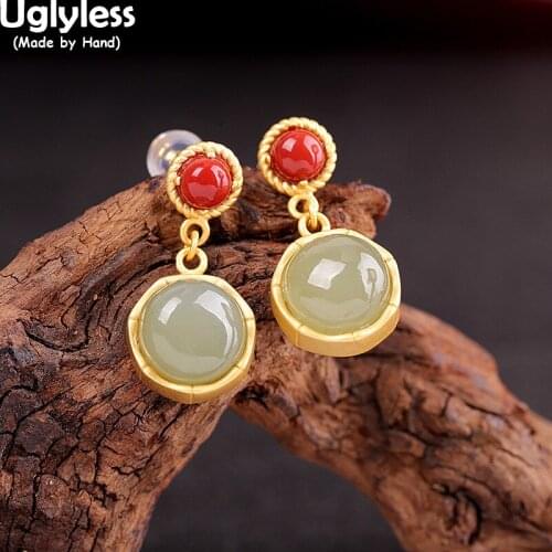 Uglyless Perfect Round Gemstones Earrings for Women Natural Jade Agate Brincos Luxury Gold 925 Silver Studs Earrings Dress Jewel