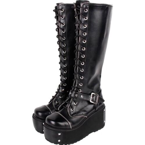 Angelic imprint mori girl Women punk motorcycle cool boots lady lolita shoes woman high trifle heels pumps zipper rivets 33-47