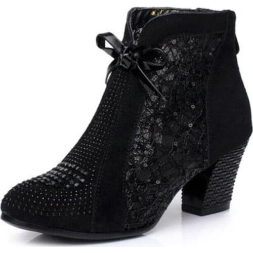 Hollow out breathable mesh with short boots for women in the spring and autumn boots boots thick with diamond USES designer shoe