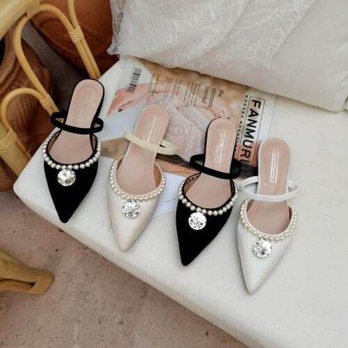 Women Sandals Spring 2021 Head Sexy Flat-soled Semi-slippers Pointed Pearl Water Drill Womens Sandals Lazy Outside Wear