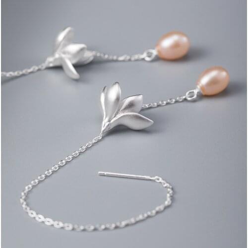 S925 Sterling silver antique earrings female 2021 new trendy temperament long tassel ear line magnolia pearl earrings