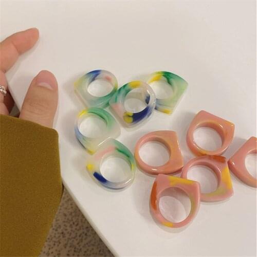 AOMU 2PCS/SET Romantic Retro Colorful Pink Blue Ring Korean Transparent Resin Rings for Women Girls Round Ring Set Jewelry Gifts