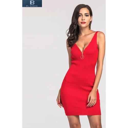 [EL BARCO] 2017 New Deep V Neck Sexy Women Summer Dresses Casual Tops Cotton Slim Bodycon Black Red Pencil Mini Dress Vestido