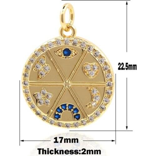 CZ Enamel Gold Coin Pendant Moon Star Heart Eye Rainbow Necklace Round Coin Gold Coin Charm DIY Jewelry Making Accessories