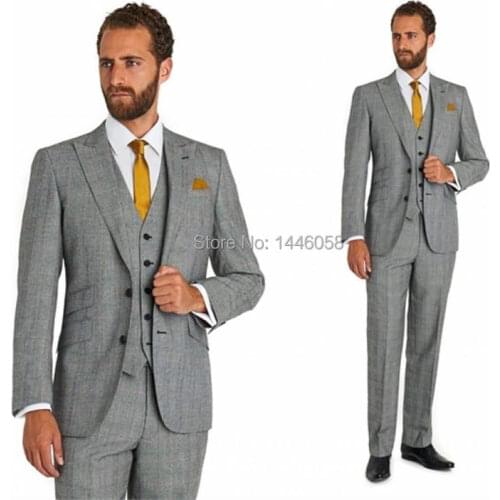 2017 Custom Made Mens Light Grey Suits Business Formal Tuxedo Men Suit Men Wedding Suits Groom Tuxedos (Jacket+Pants+Vest+Tie)