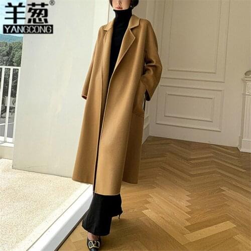 21 winter Hepburn suede coat camel bathrobe medium long double-sided water ripple cashmere coat feminine autumn and winter