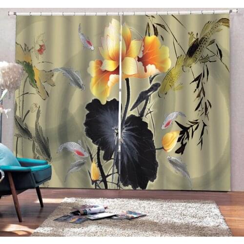 3D Curtain Decorative Door Curtain Depicting Lotus Leaf Golden Lotus Fish For Living room bedroom Digital print Drapes