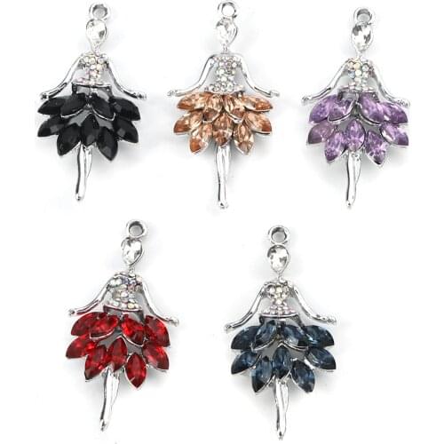 5 Colors Zinc Based Alloy & Glass Charms Dancing girl Pendants Silver Color With AB Color Rhinestone 44mm*22mm For DIY , 5 PCs