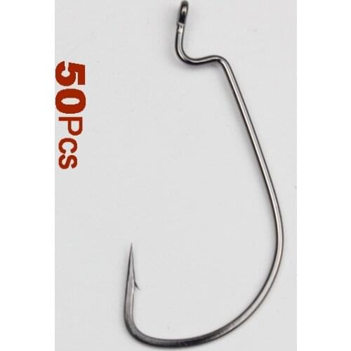 50pcs 6#-5/O Fishing Soft Worm Hooks High Carbon Steel Wide Super Lock Bass Barbed Fishhooks Lure Softjerk Crank Hooks