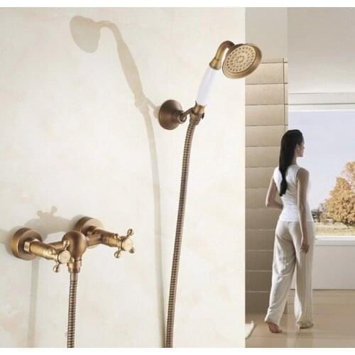 Antique Brass Wall Mounted Bathroom Dual Cross Handles Telephone Hand Held Shower set With Wall bracket &1.5m Hose atf300