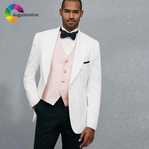 White Men Suits for Wedding Wide Shawl Lapel Custom Made Groom Tuxedos Slim Fit Best Man Blazers 3 Pieces Jacket Pants Pink Vest