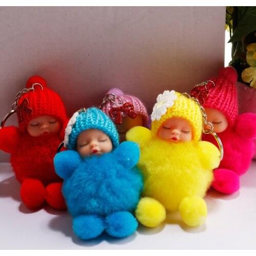Women Girls Bag Pendant Jewelry Cute Sleeping Baby Bowtie Fluffy Pompom Fur Plush Doll Keychain Keyring Key Ring Women Gift
