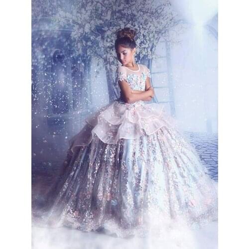 Sheer Neck Flower Girl Dresses Organza Little Girls Pageant Dresses Lace Applique Princess Children Wedding Gowns Flower Beaded