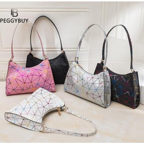 Fashion Women Geometric Lines Laser Shoulder Underarm Bag Casual Ladies PU Leather Small Handbags Purse