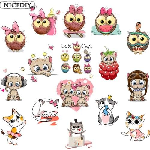 Nicediy Cute Owls Animal Iron on Patches Cat Heat Transfer Stickers Thermo Transfer for Clothes Kids DIY Tops Tshirt Decor Badge