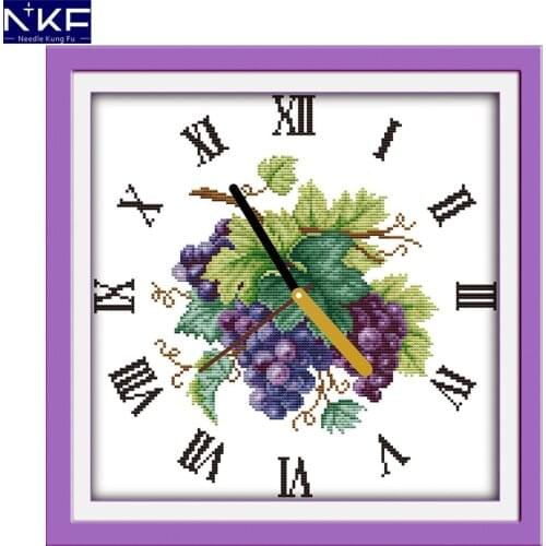 NKF Purple Grape Clock Face Cross Stitch Kits Embroidery Needlework Patterns Handcrafts DIY Kits Cross Stitch for Home Decor