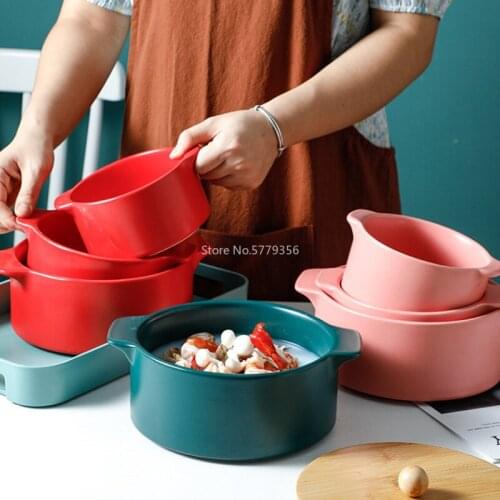 Nordic Creative Binaural Instant Noodle Bowl with Lid Household Bowl Ceramic Tableware Color Glaze Anti-scalding Salad Bowl