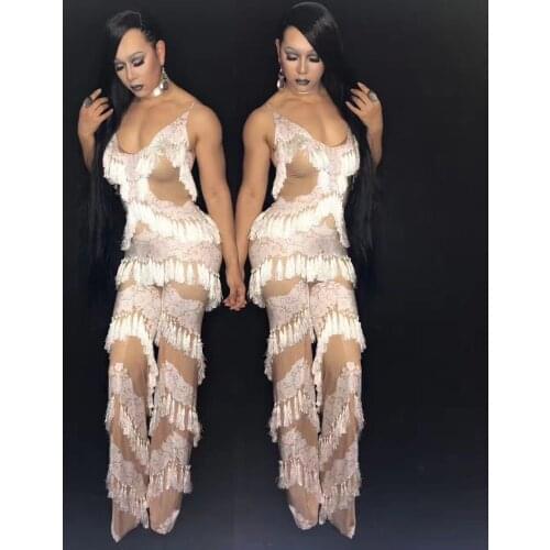 2020 Womens NEW Bar Nightclub Sexy Tassel White Skinny Pants New Woman Singer Costume Party Celebration