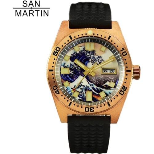 San Martin New Tuna 62mas Automatic Men Watches Full Luminous Kanagawa Ocean Wave Dial 200m WaterProof Bronze diving Wrist watch