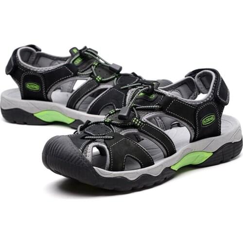 Genuine Leather Closed Toe Sandals Men Outdoor Beach Sandal Mens Hollow Out Aqua Shoes Upatream Sea River Pool Water Shoes