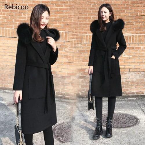 Autumn Winter Women Outerwear New Medium Long Female Woolen Coat Over Knee Hooded Fur Collar Loose Ladies Woolen Coat