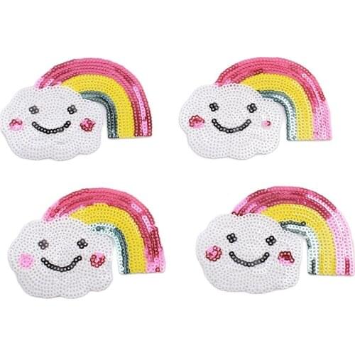 10pcs/lot Sequined Rainbow Patch Iron On Cartoon Smile Face Stickers DIY Sewing Clothes Appliques Shirts Jeans Backpack Badge