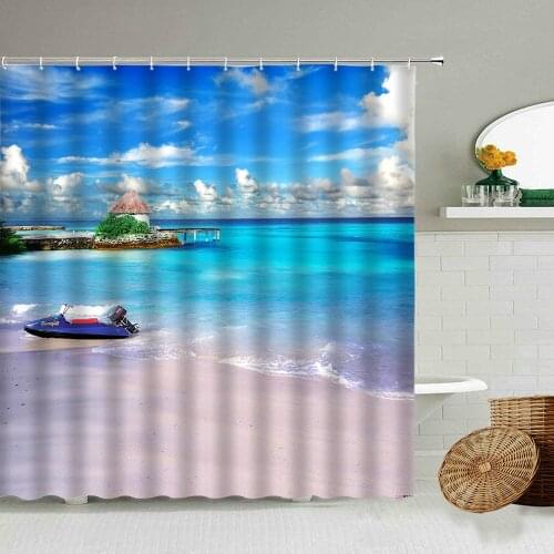 Blue Ocean Beach Pier Natural Landscape Shower Curtain Summer Vacation Sailing Boat Family Bathroom Waterproof Hanging curtains