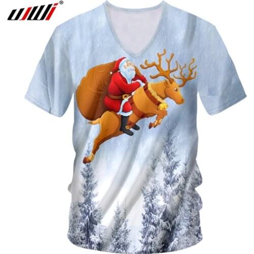 UJWI Christmas Mens Snow Mountain 3D Printed T Shirt Santa Claus And Elk Chinese Style New Arrivals V Neck Tshirt