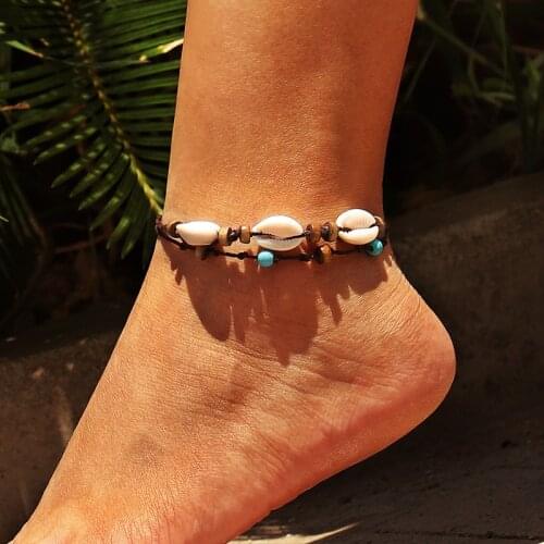 Vintage DIY Rope Wood Bead Ankle Leg Bracelet Natural Shell Bohemian Anklet Women Foot Jewelry Summer Beach Holiday Accessories