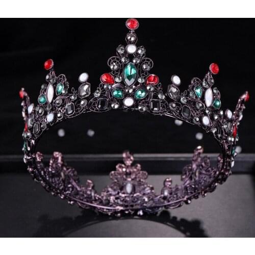 JaneVini Vintage Gothic Bride Tiara Crown Women Red Green Crystal Headdress Baroque Bronze Headdress Wedding Crowns Hair Jewelry