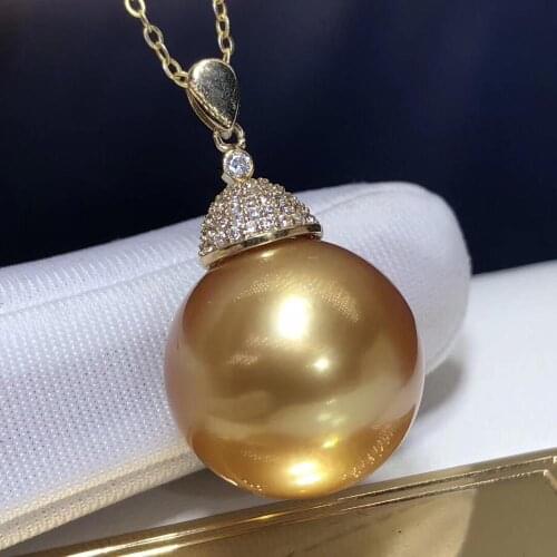 Fine Jewelry 18K Yellow Gold Natural Ocean Golden Pearl 13-14mm Pendant Necklaces for Women FIne Pearls Pendants