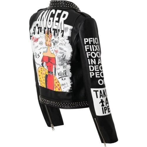 2021 Women Spring And Autumn rivet motorcycle Faux leather jacket women Letter leather jacket print jacket Y738