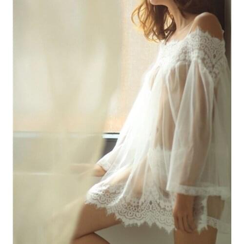 Women Crochet Lace Blouse Beach Dress Wrap Blouse Transparent Long Shirt White Floral Off Shoulder Top