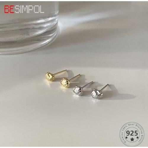 Besimpol Genuine 925 Sterling Silver Stud Earrings Simple Irregular Gold Earrings For Girls Women Luxury Vintage Fine Jewelry