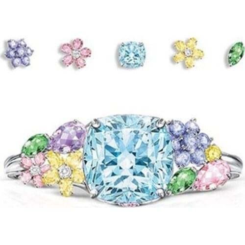 2021 New Daily Birthday Party Anniversary Gift Colorful Gemstone Square Princess Ring Simple And Elegant Fashion Ladies Earrings