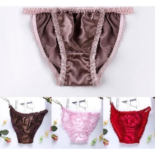 High Quality 100% Silk Panties Womens Sexy Lace Edge Briefs Comfortable Soft Underpants Pure Color Elastic Seamless Underwear