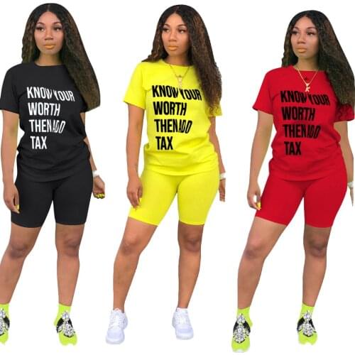 S-2XL two piece short sets for women clothing casual sport solid color printing O-Neck short sleeve top and shorts outfits