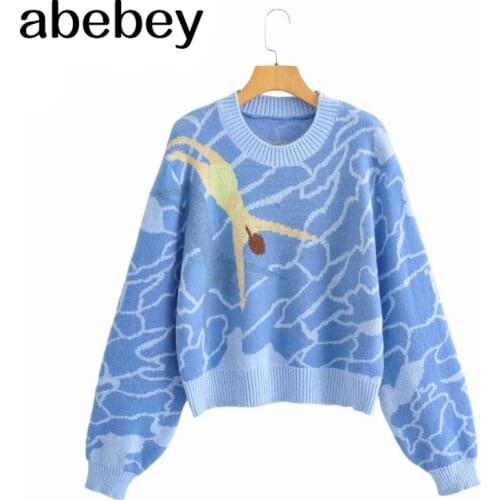 New Top Blue Loose Korean Casual Ocean Diving Print O Neck Sweater For Women 2021 Winter Chic Oversized Pullover Jumper