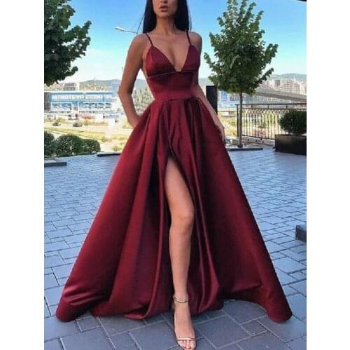 Sexy Deep V-Neck Long Burgundy Prom Dresses with High Slit Criss Cross Back Robe De Soiree Floor Length Satin Formal Party Gown