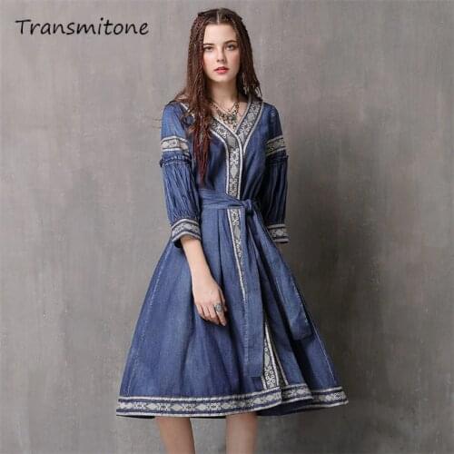 Spring V-Neck Denim Dress 2019 Vintage Embroidery New Vestidos A-line Half Sleeve Sashes Belted Women Dresses Vestido Female