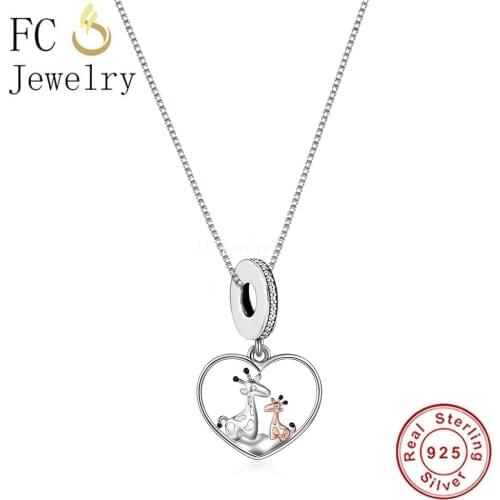 925 Sterling Silver Rose Gold Mom and Baby Giraffe Long Deer Pendant Necklace For Women Girl Chain Choker Trinket 2021 Fashion