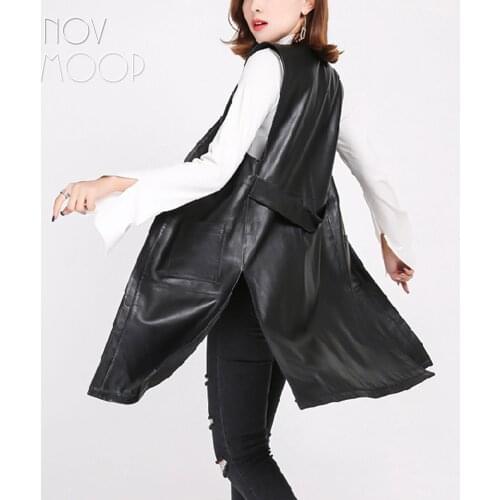 Side split Black genuine leather vest real lambskin leather long trench coat veste femme chalecos mujer colete gilet LT1907