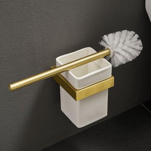 Tuqiu Toilet Brush Holder Set Aluminum Brushed Gold Toilet Brush Rack Bathroom Cleaning Tools Wall Mounted Nail Punched