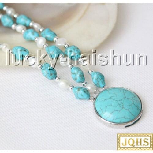 Natural Baroque 8" 3row white pearls blue turquoise bracelet c3