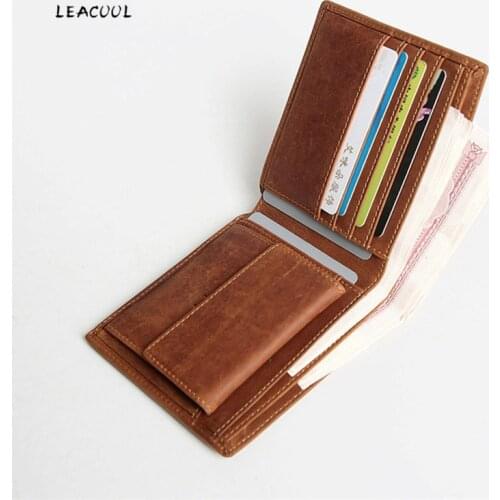 LEACOOL Genuine Leather Wallet Men Vintage Handmade Short Bifold Wallets Purse Card Holder With Zipper Coin Pocket Money Bag
