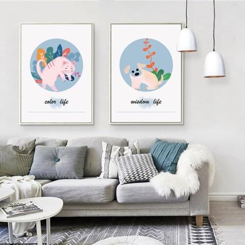 Nordic Decoration Cartoon Animals Wall Art Canvas Painting Sweet Cat Posters and prints Decorative Picture for Kids Nursery Room