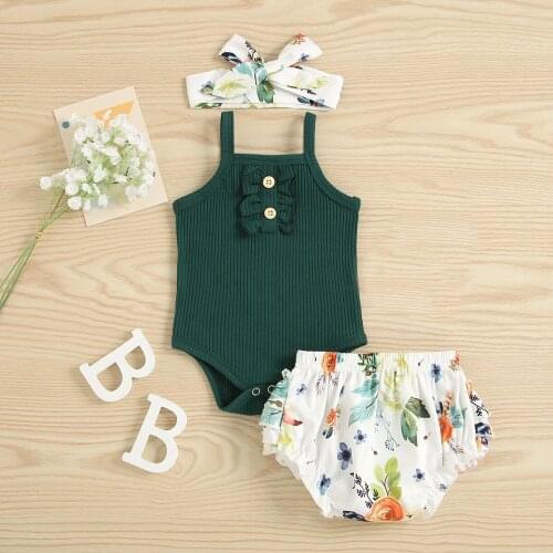 3pcs Baby Girls Clothes Set Newborn Infant Baby Ribbed Ruffles Sleeveless Vest Romper Bodysuit Flower Print Pants Headband Set